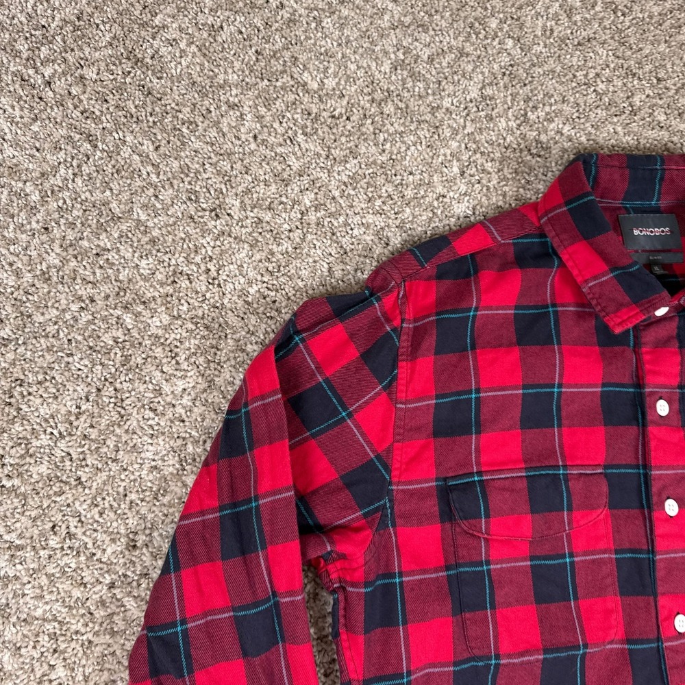 Bonobos Shirt Mens XL Red Black Plaid Flannel Button Up Long Sleeve Slim Fit - Picture 5 of 13